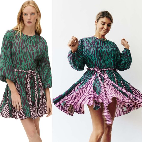 COPY - RHODE Ella Mini Dress SZ XS Abstract Zebra Print Braided Belt Long Sleev… - Picture 2 of 10